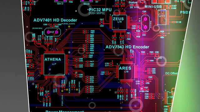 Video animation with printed circuit board of electronic device with components of radio elements, 
conductors, contact pads placed on pcb. 
Engineering drawing. Computer technic cad design.