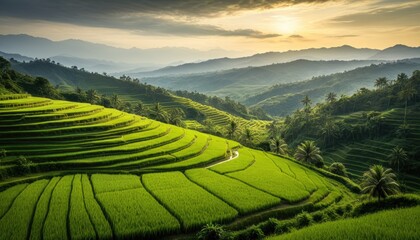 Fototapeta premium Vibrant Green Rice Terraces Bathed in Golden Sunset Light, Overlooking Majestic Asian Mountain Ranges