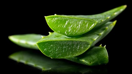 Close-Up of Fresh Aloe Vera Leaves with Gel on Black Background