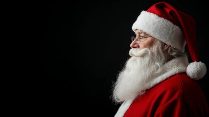 A senior man dressed as Santa Claus with a long white beard and glasses looks thoughtfully to the right against a dark background, offering ample copy space. - Powered by Adobe