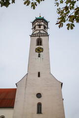 View of the church tower of the Kreuzherrenkloster (Monastery of the Holy Cross) in Memmingen, Germany.