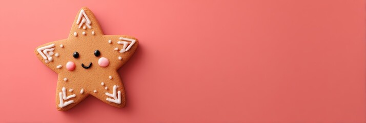 Obraz premium Cute star-shaped gingerbread cookie on pink background food holidays gingerbread cookie star icing pink