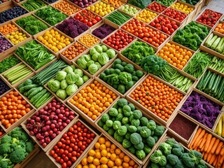 Obraz premium Vibrant Fresh Produce Display: Colorful Fruits and Vegetables in Market Bins - Healthy Food and Farmers Market Abundance