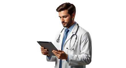 Doctor with tablet isolated on transparent background
