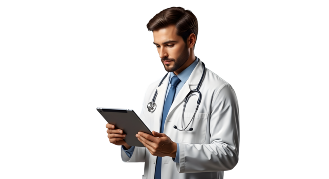 Doctor with tablet isolated on transparent background