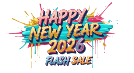 Happy new year 2026 flash sale isolated on transparent background