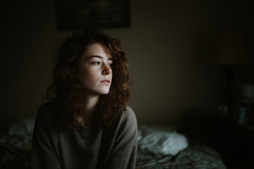 Young woman sitting on bed looking away in sadness