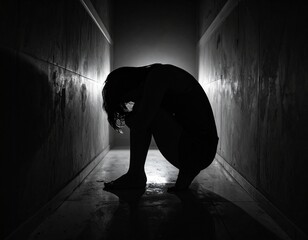 sad silhouette of a person crouching down, head in hands