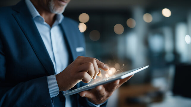 Executive analyzing conversational platform metrics on tablet defocused office AI powered dialogue systems automated client service linguistic tool platforms virtual support