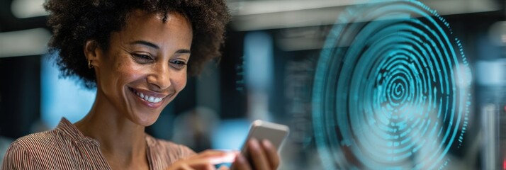 Woman Smiles While Using Smartphone in Modern Space With Digital Patterns in the Background During Daytime Hours