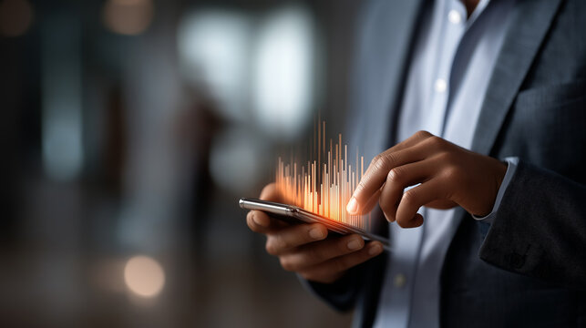 Faceless executive using device analyzing linguistic data visualization blurred office text evaluation tools AI language frameworks emotion detection voice understanding auto