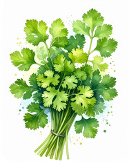 Watercolor Cilantro Leaves in Fresh Green Botanical Style
