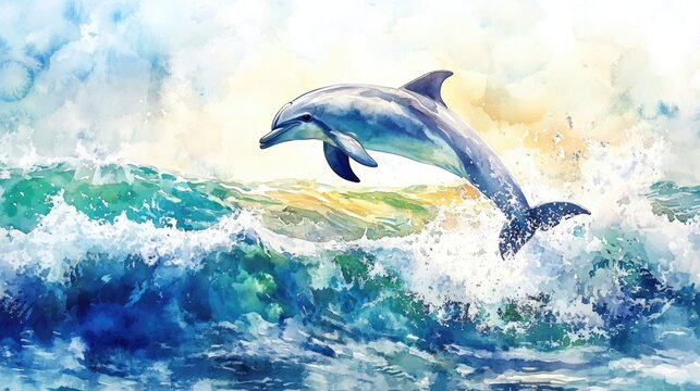 A playful dolphin leaps joyfully above vibrant ocean waves on a sunny day, showcasing its acrobatic skills, watercolor