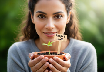 Woman holding a small plant with a 'Project 2026' sign, symbolizing growth