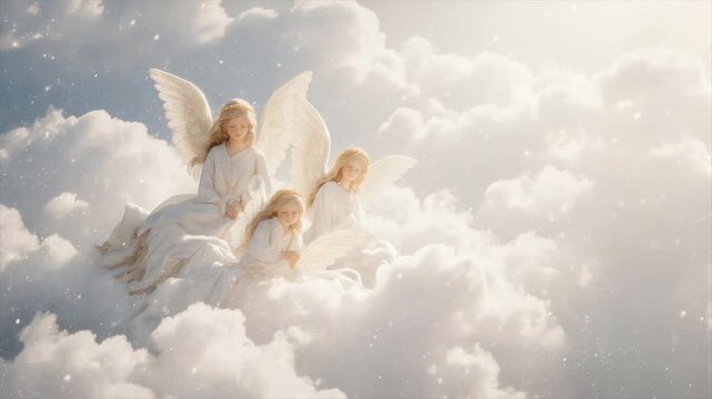 Three angelic figures with wings sit amid fluffy clouds, with a soft, ethereal glow