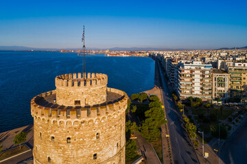 Aerial panoramic view of the main symbol of Thessaloniki city and the whole of Macedonia region - the White Tower.