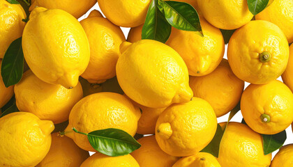 A close-up view presents numerous bright yellow citrus fruits, some with green leaves, densely packed together, evoking freshness