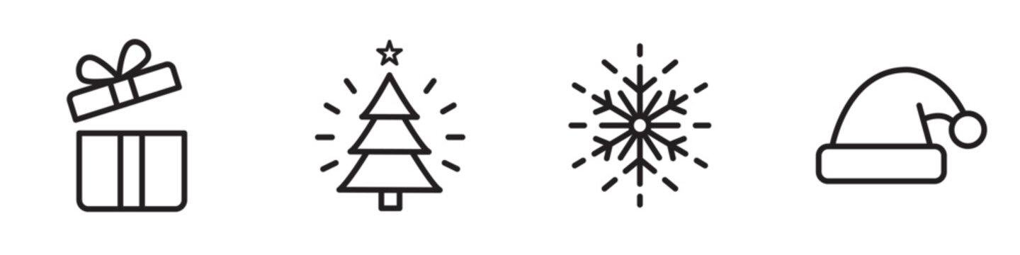 Minimalist Christmas icon set with gift box, decorated Christmas tree, snowflake and Santa hat, clean black line style holiday symbols for festive winter design, modern outline vector collection