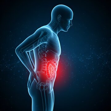 Douleur abdominale et probl&egrave;mes digestifs : visualisation 3D de l'anatomie avec intestins et organes enflamm&eacute;s en rouge, concept de syndrome du c&ocirc;lon irritable ou de gastro-ent&eacute;rite