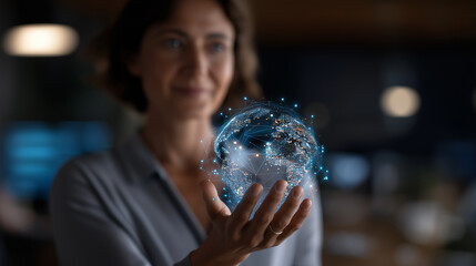Data researcher holding globe with network connections defocused digital environment text interpretation AI voice understanding semantic evaluation conversation interaction
