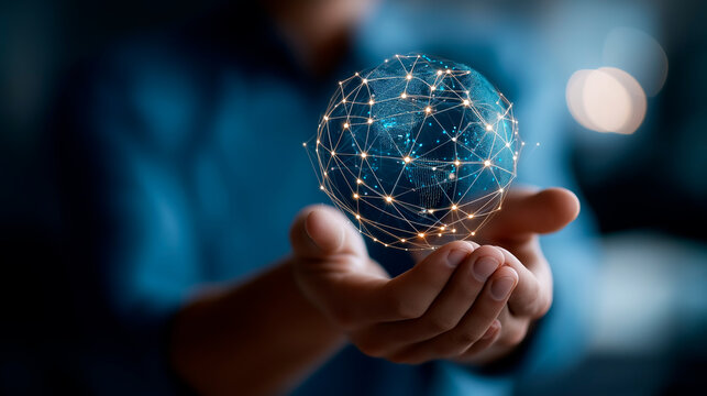 Data researcher holding globe with network connections defocused digital environment text interpretation AI voice understanding semantic evaluation conversation interaction