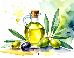 Watercolor Olive Oil Bottle - Mediterranean Cooking Elements