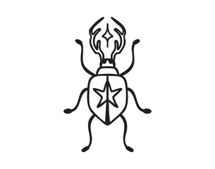 Mystical beetle with star, monochrome line art hand drawn style