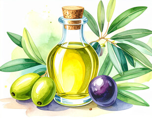 Watercolor Olive Oil Bottle - Mediterranean Cooking Elements