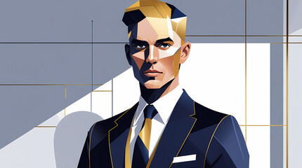 Sophisticated abstract art featuring a confident businessman with modern geometric style and sleek design