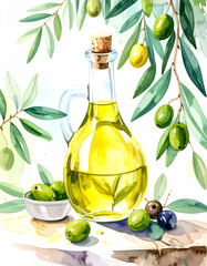 Watercolor Olive Oil Bottle - Mediterranean Cooking Elements