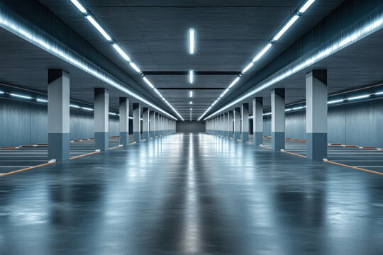 A long corridor of an empty underground parking lot with parking spaces and illumination