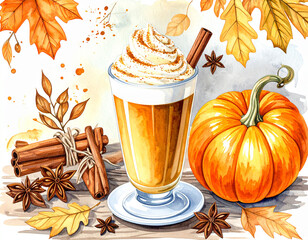 Watercolor Pumpkin Spice Latte with Creamy Topping and Autumn Flavor Elements