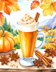 Watercolor Pumpkin Spice Latte with Creamy Topping and Autumn Flavor Elements