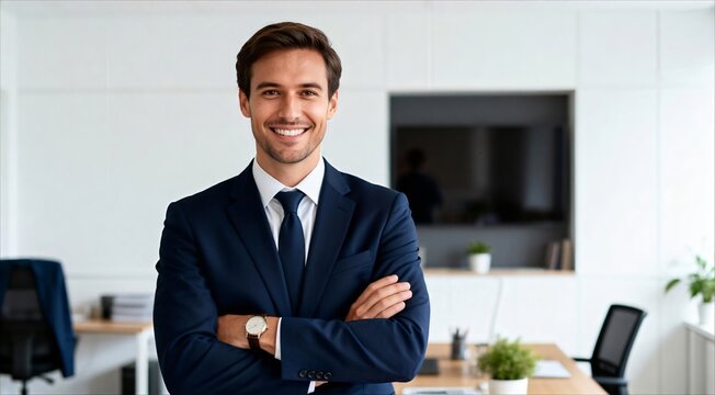 Confident businessman in a tailored suit smiles directly, arms crossed, embodying success in the workplace environment.