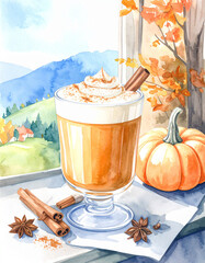 Watercolor Pumpkin Spice Latte with Creamy Topping and Autumn Flavor Elements