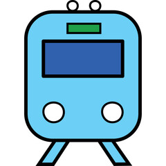 Front View of a Light Blue Train with a Green Rectangular Signal Light and a Large Blue Window on a Transparent Background