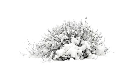 Snowy shrub with delicate frozen plants presented on a white background.