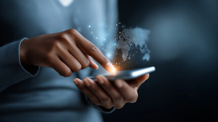 Individual utilizing AI with linguistic capabilities for global assistance defocused communication backdrop text comprehension support worldwide interaction tools automated