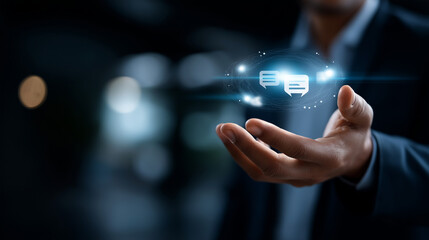 Faceless executive holding conversation bot terminology soft network background AI dialogue platforms virtual customer support linguistic automation intelligent interaction