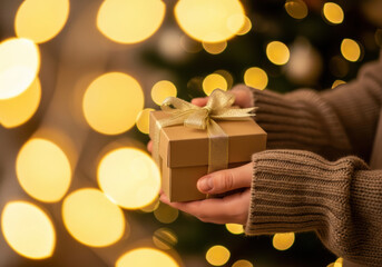 Woman holding a gift box with a gold bow in front of Christmas lights