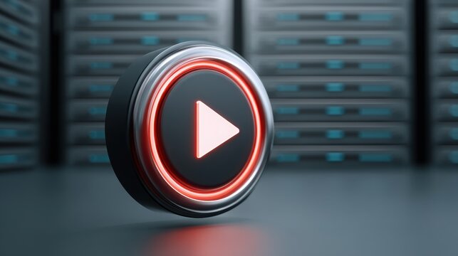 3D play button icon in a digital environment with server racks in the background.
