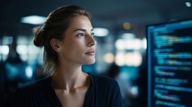 Female software creator in monitoring facility surrounded by code displays defocused large screen background programming language lines development environment technical