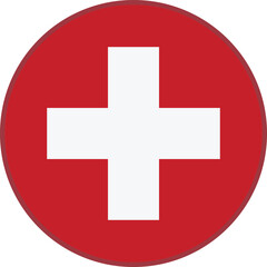 Obraz premium Round icon of Switzerland national flag featuring white cross on red background, simple circular vector emblem representing Swiss identity