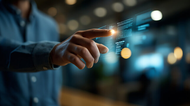 Software creator gesturing toward virtual linguistic interface display blurred screen background machine comprehension communication data transmission applications automated