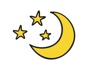 Crescent moon with stars doodle hand drawn icon. colorful cartoon line drawing clipart symbol