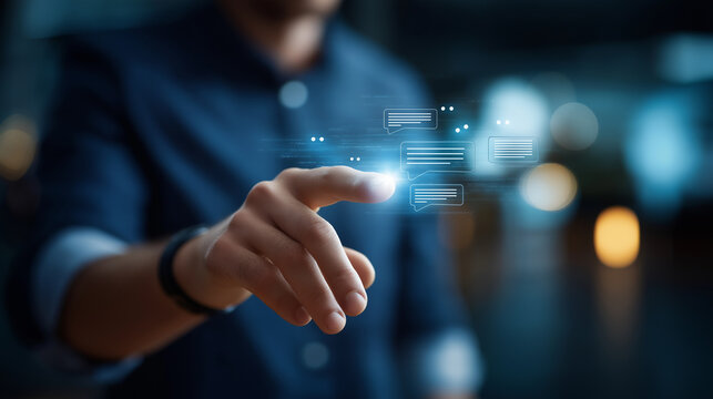 Designer engaging virtual global conversation bot interface defocused tech environment AI dialogue systems virtual support customer interaction automation tools linguistic