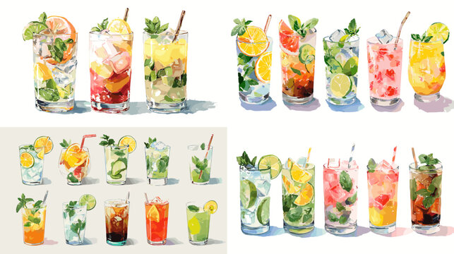 A vibrant watercolor collection of refreshing summer drinks with citrus fruits mint ice and bright colors perfect for beverage menus bar designs healthy lifestyle themes and creative art.