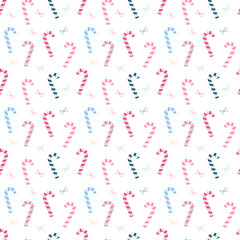 Seamless festive pattern with striped candy canes and small bows on a transparent background. Christmas design for wrapping, textiles and decor.