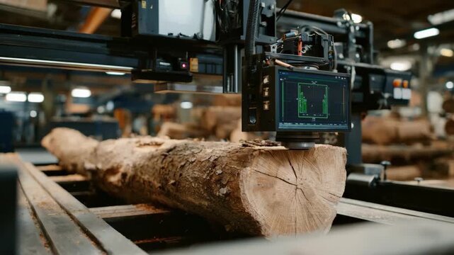 Medium shot of a cutting edge laser measurement system precisely dimensioning a freshly cut log in a hightech industrial setting.