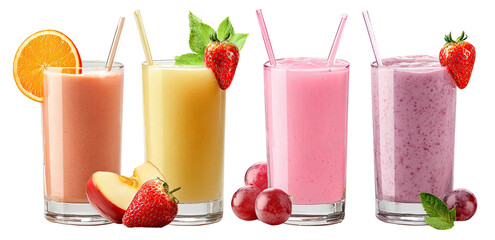 Four colorful fruit smoothies in tall glasses (1)
